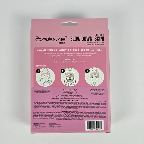 The Crème Shop, Animated Pink Sloth Face Mask, Set of 3, - Renewing Rose - Picture 6 of 8